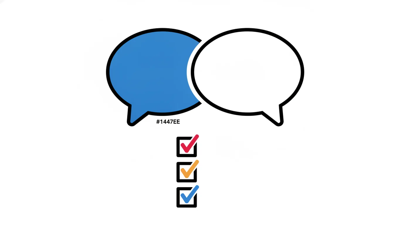 Abstract illustration: two rounded speech shapes facing each other above a short row of check marks