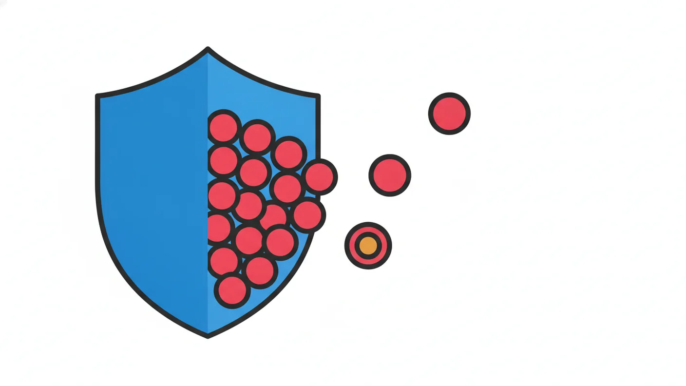 Abstract illustration: a broad thin arc sheltering a cluster of shapes, with a few shapes drifting outside it